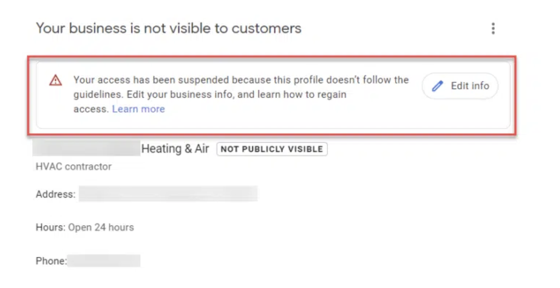 Example of Google Business Profile soft suspension warning
